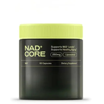 NAD+ Core supplement container with green lid on a white background