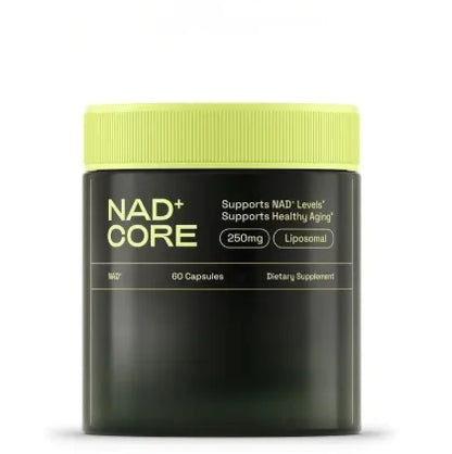 NAD+ Core supplement container with green lid on a white background