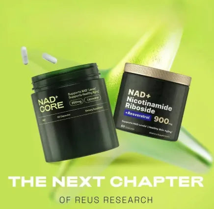 Two black containers labeled 'NAD+ Core' and 'NAD+ Nicotinamide Riboside' on a green background with text 'The Next Chapter of Reus Research'.