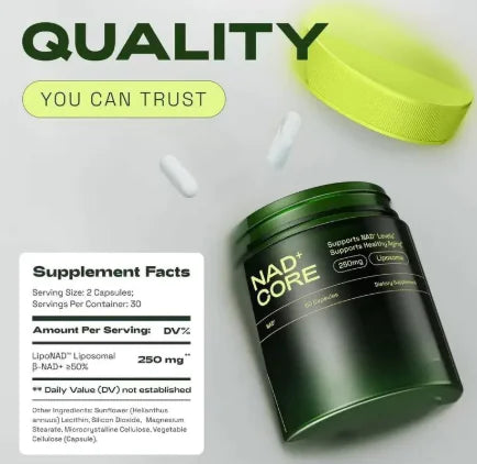 NAD+ supplement container labeled 'NAD Core' with a green lid on a white background.