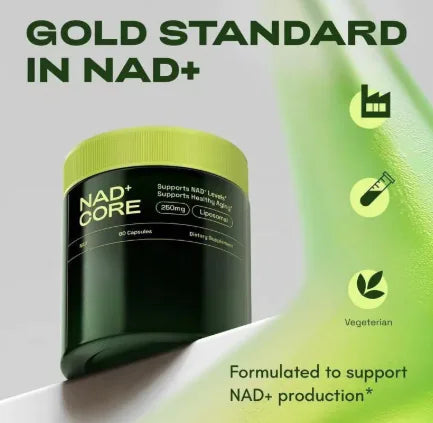 Green supplement container labeled 'NAD Core' on a light gray background with green accents.